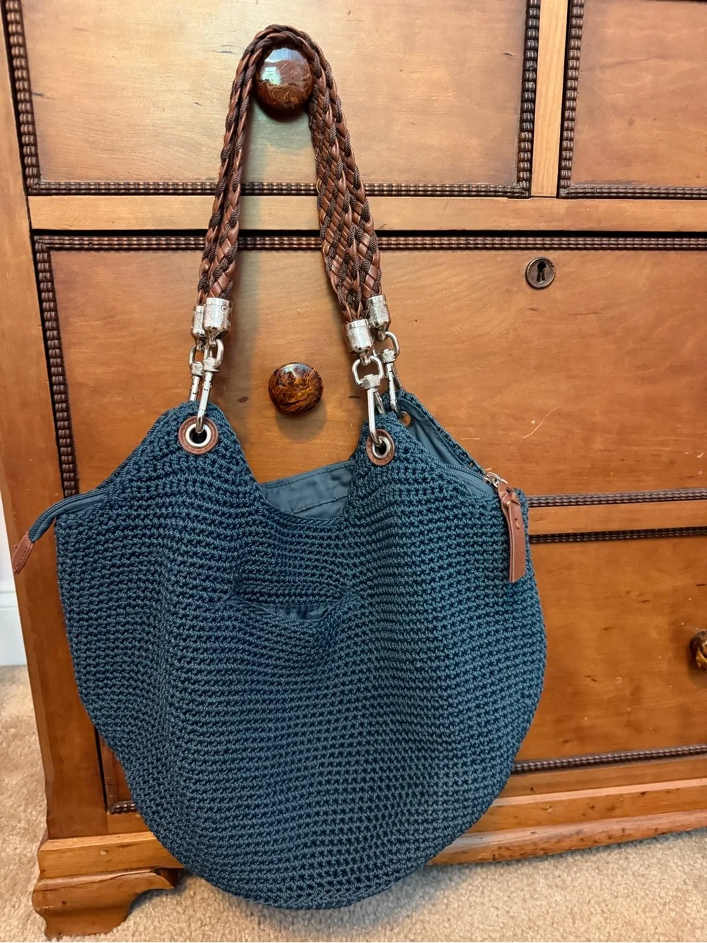 The Sak Blue Crochet Hobo Bag with Brown Braided Handles - Picture 2 of 3